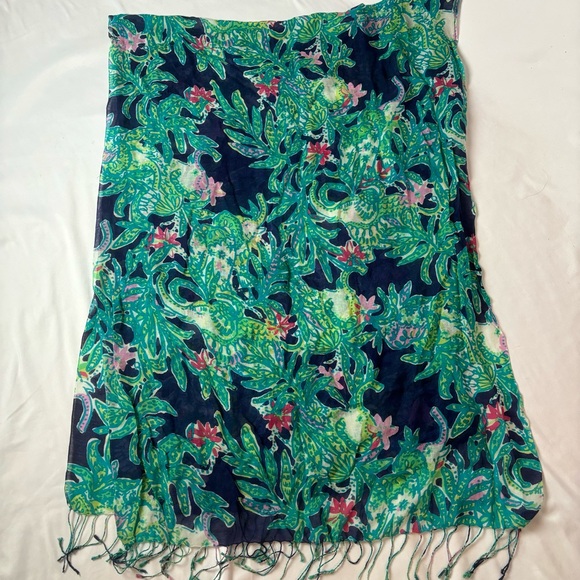 Lilly Pulitzer Murfee Trunk Show Scarf Silk & Cashmere 73236 Blue Green Elephant - Picture 1 of 6
